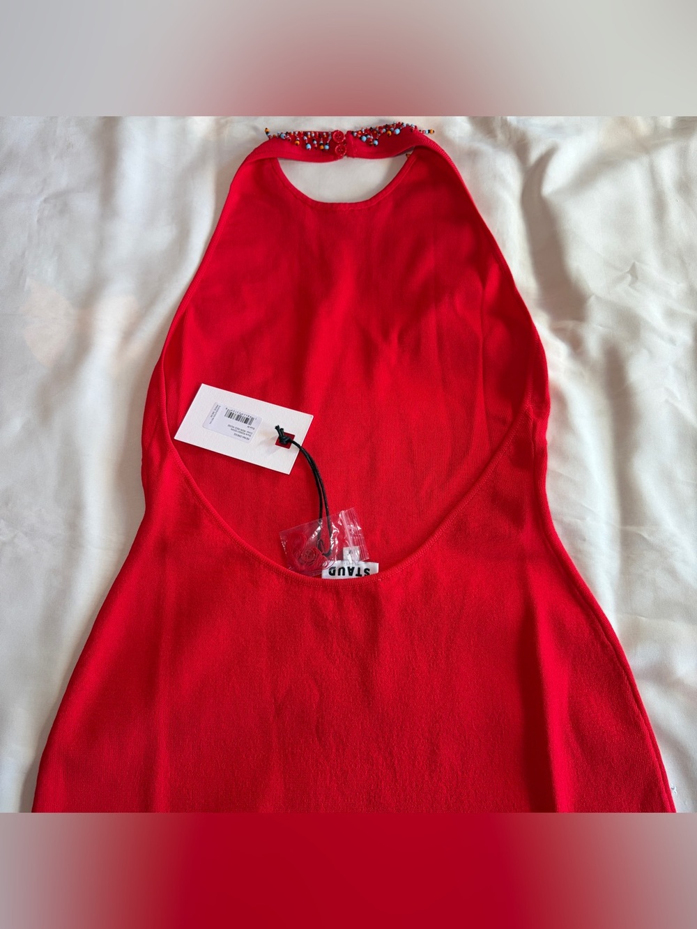 NEW! Staud- REINA DRESS RED ROSE Size Medium Embellished Neck Summer Halter - Picture 7 of 11